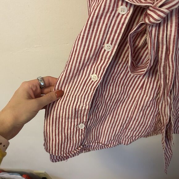 Reformation Cecilia Mini Dress Linen Pink White Striped Belt 6 - Missing Button - Picture 4 of 10